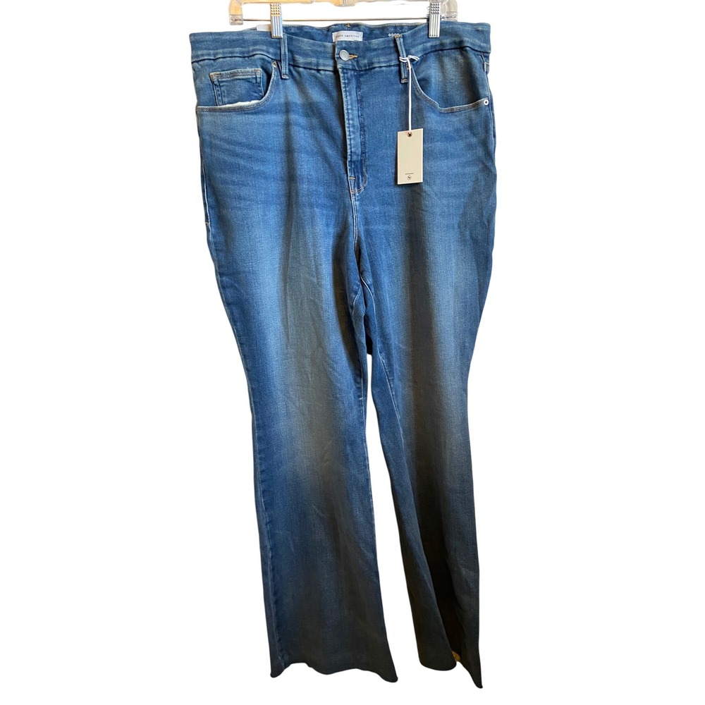 Good American Good Classic Slim Bootcut Jeans High Rise Blue Raw Hem Size 20 NEW